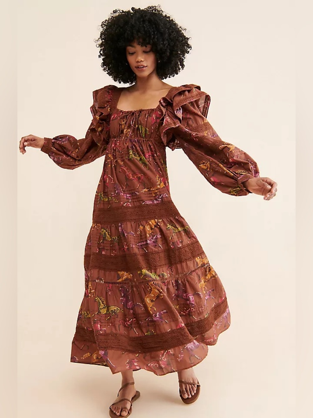 FARM RIO Brown Dotted Horses Maxi Dress